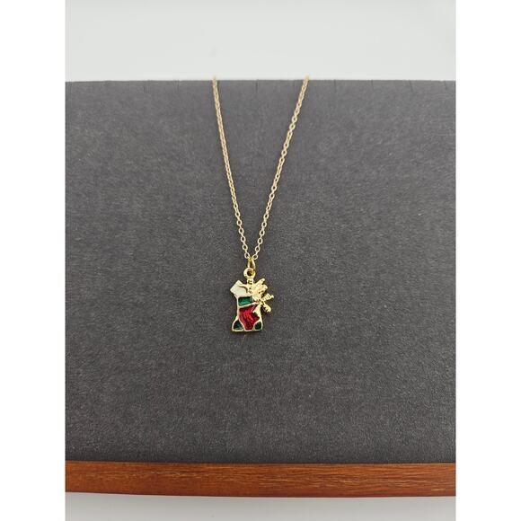 Christmas Stocking Gold Tone Chain Enamel Pendant Necklace Holiday Festive - Picture 1 of 4